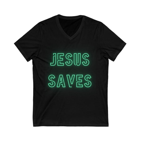 Jesus Saves Neon Signage Green Unisex Jersey Short Sleeve V-Neck Tee