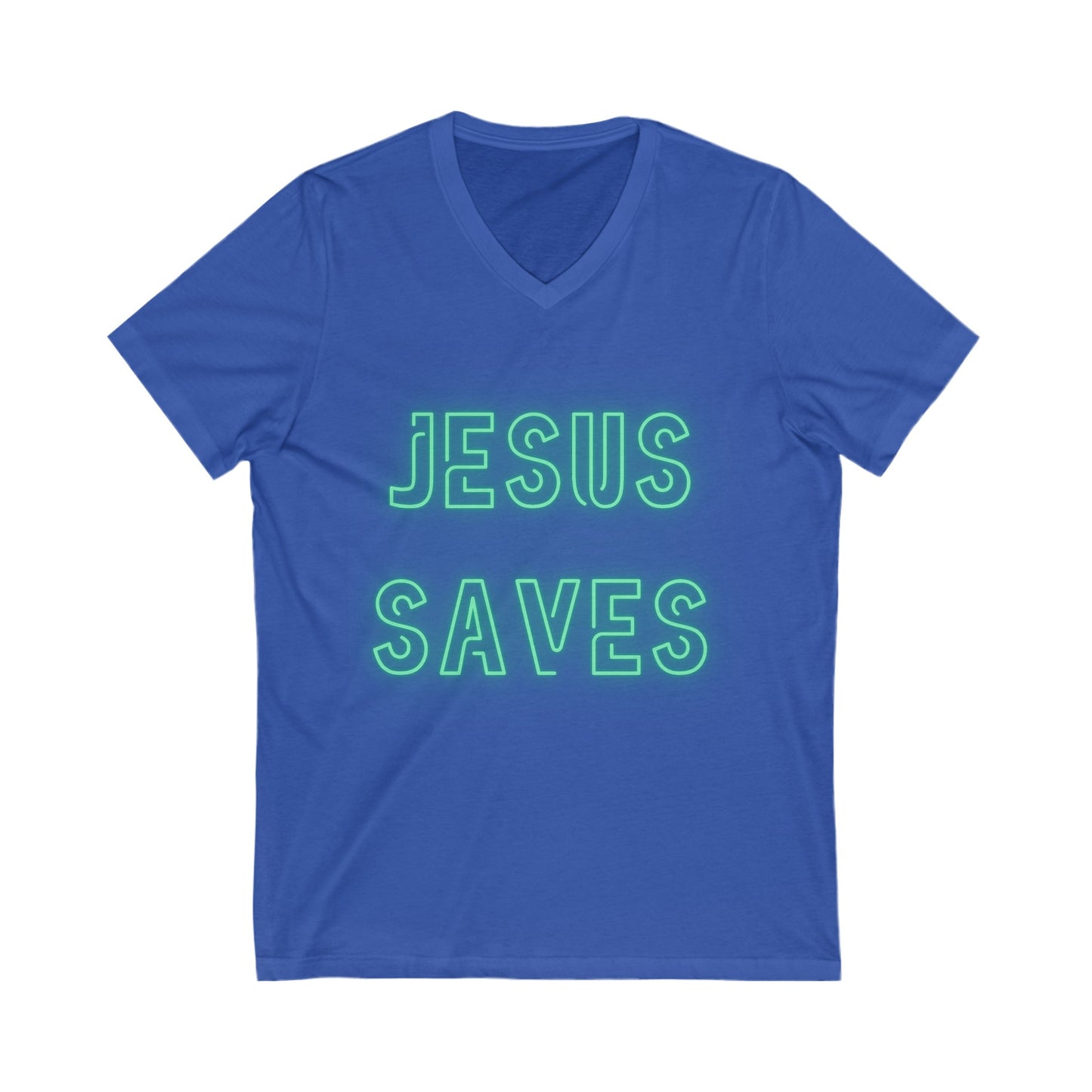 Jesus Saves Neon Signage Green Unisex Jersey Short Sleeve V-Neck Tee