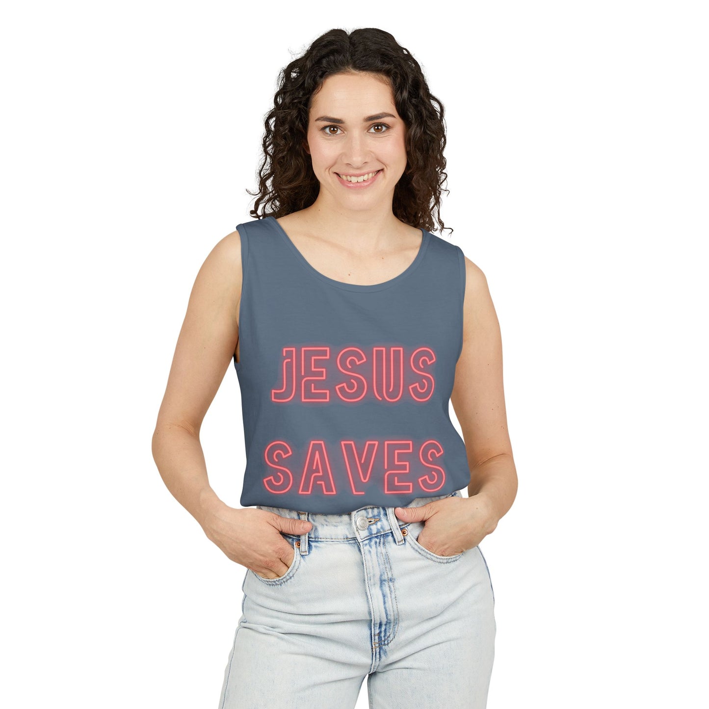 Jesus Saves Neon Signage Tank Top Unisex Garment-Dyed Tank Top