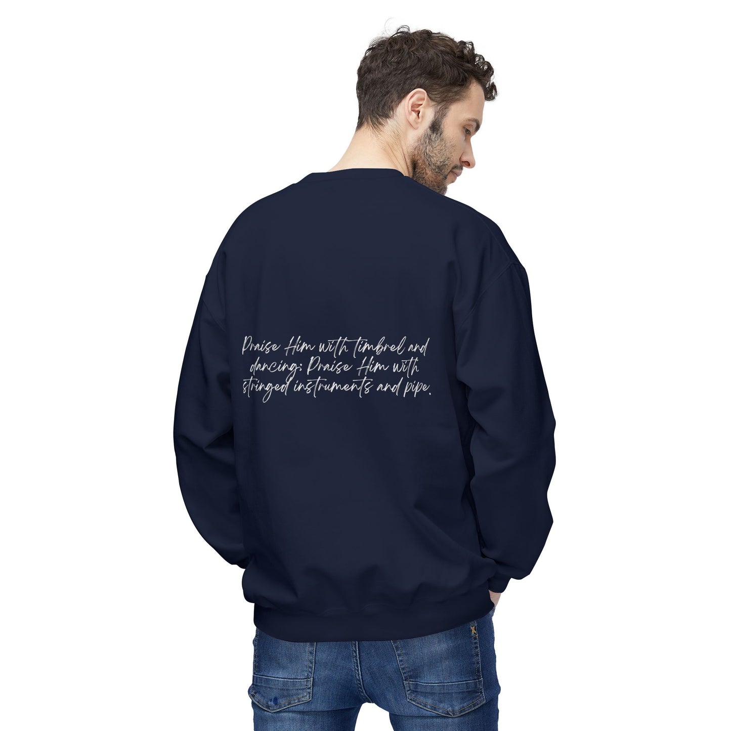 In Jesus Name I Play w/ Psalm 150:4 On Back Unisex Midweight Softstyle Fleece Crewneck Sweatshirt