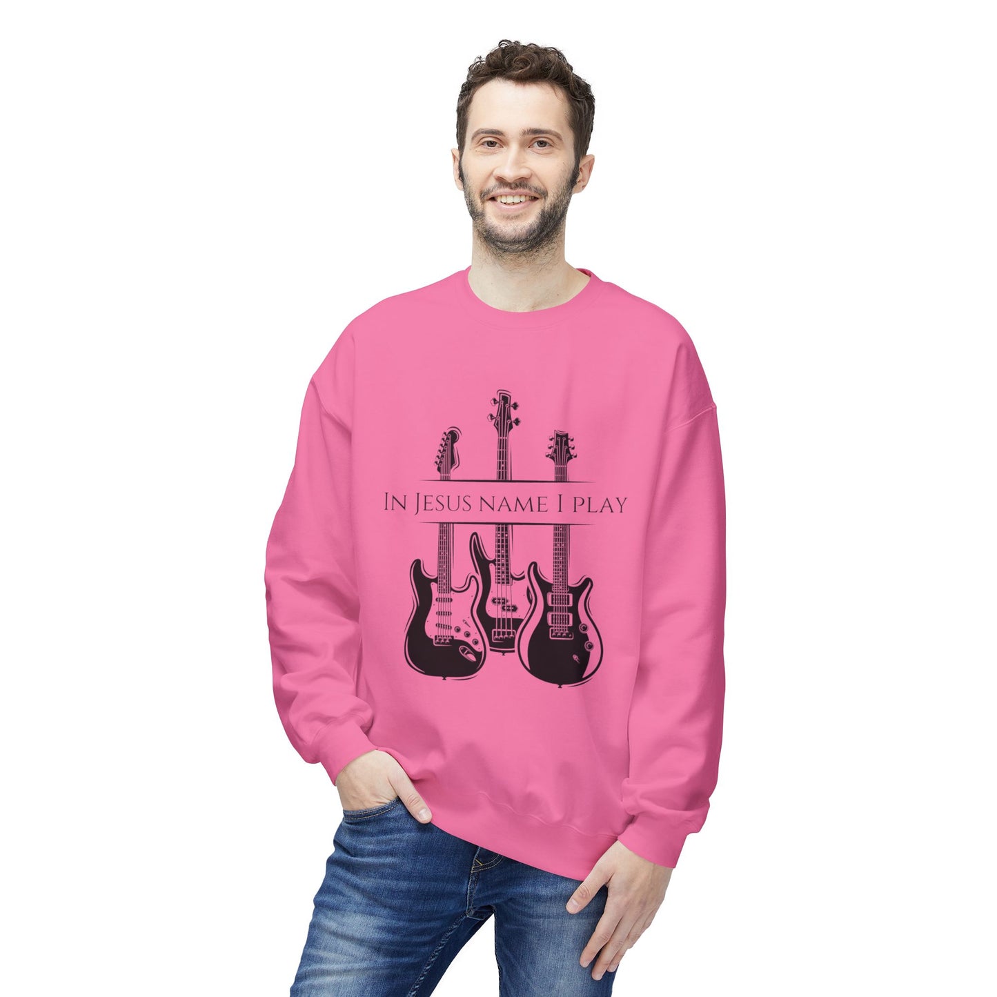 In Jesus Name I Play w/ Psalm 150:4 On Back Unisex Midweight Softstyle Fleece Crewneck Sweatshirt