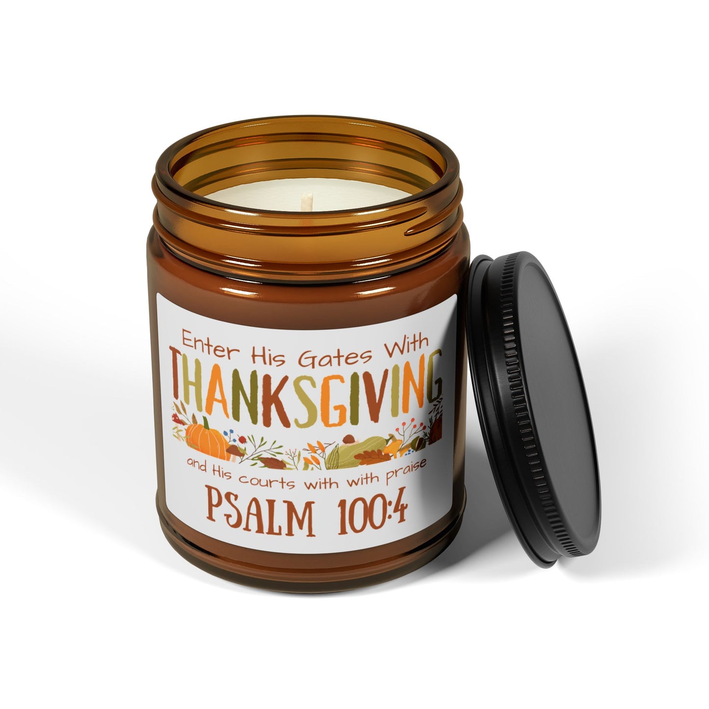 Thanksgiving Psalm 100:4 Scented Soy Candle (Multi-Size, Amber Jar)