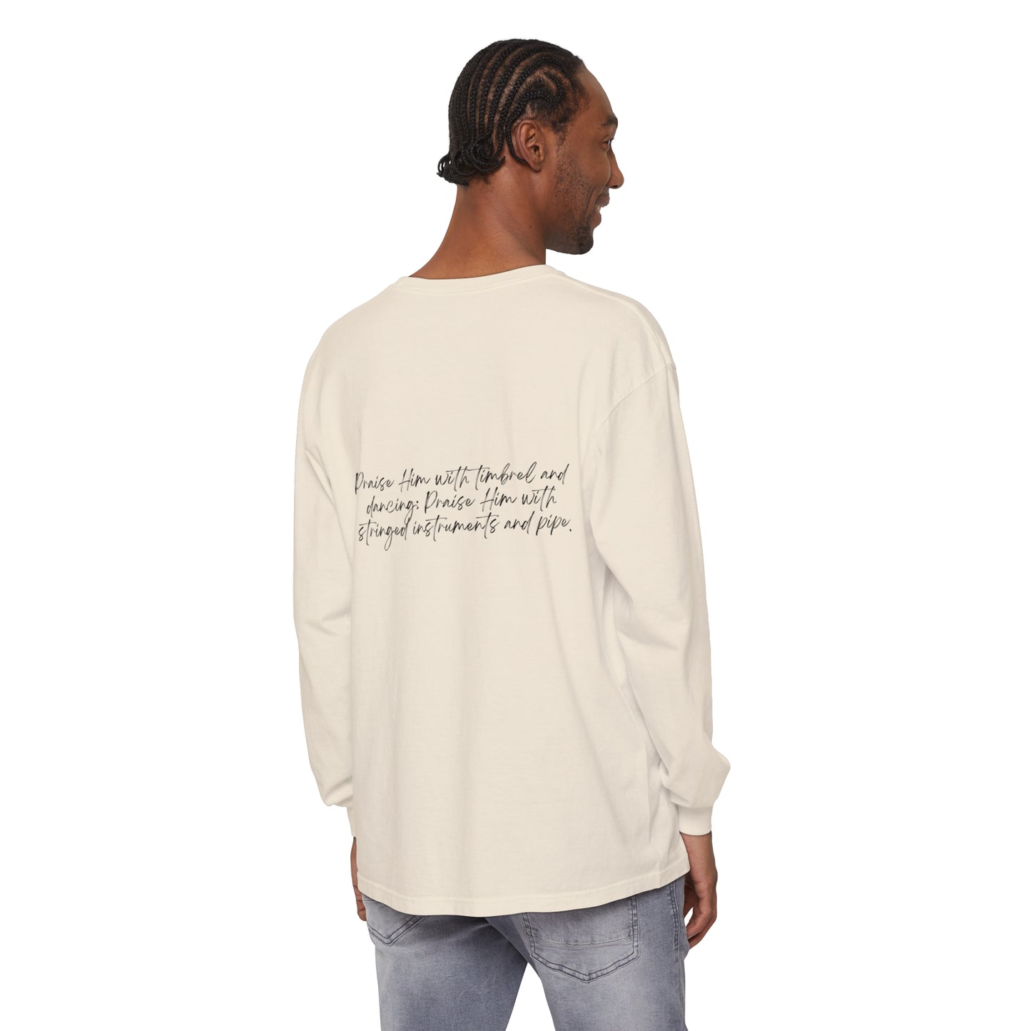 In Jesus Name I Play w/ Psalm 150:4 On Back Unisex Garment-dyed Long Sleeve T-Shirt