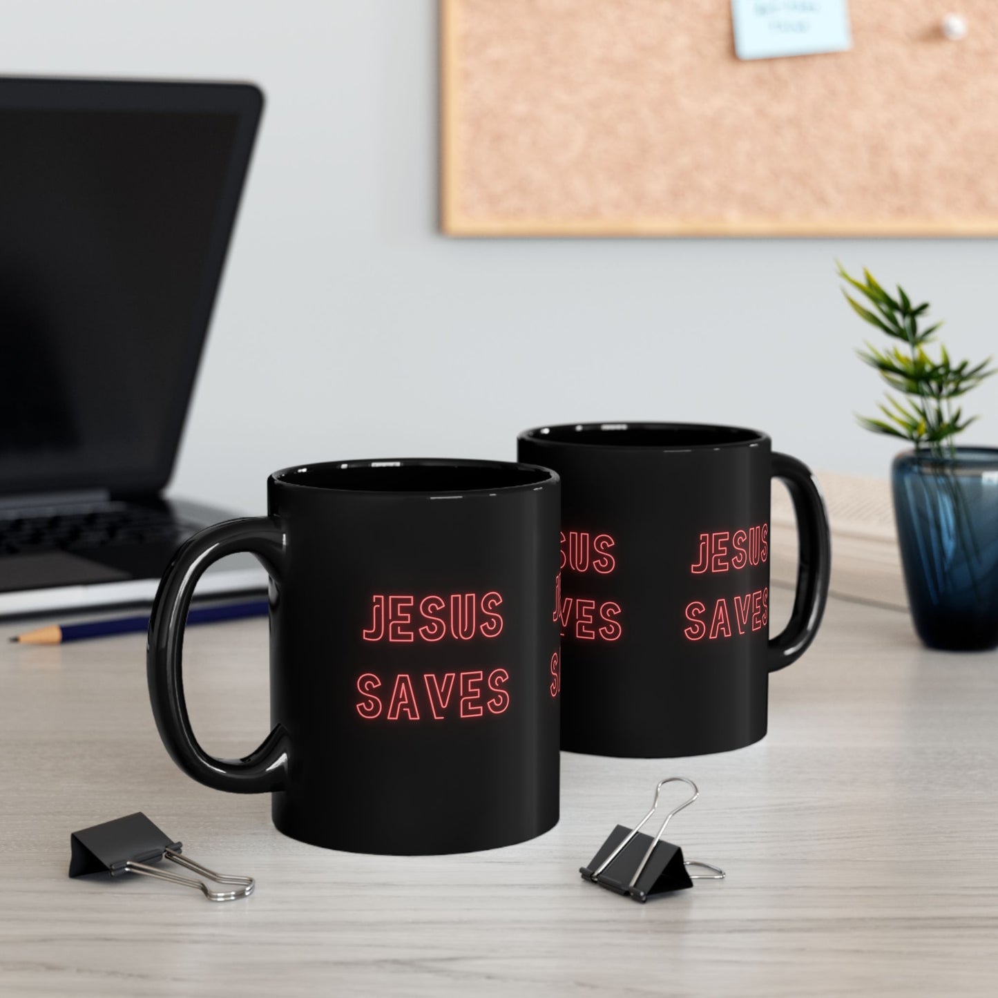 Jesus Saves Neon Signage Black Mug (11oz, 15oz)