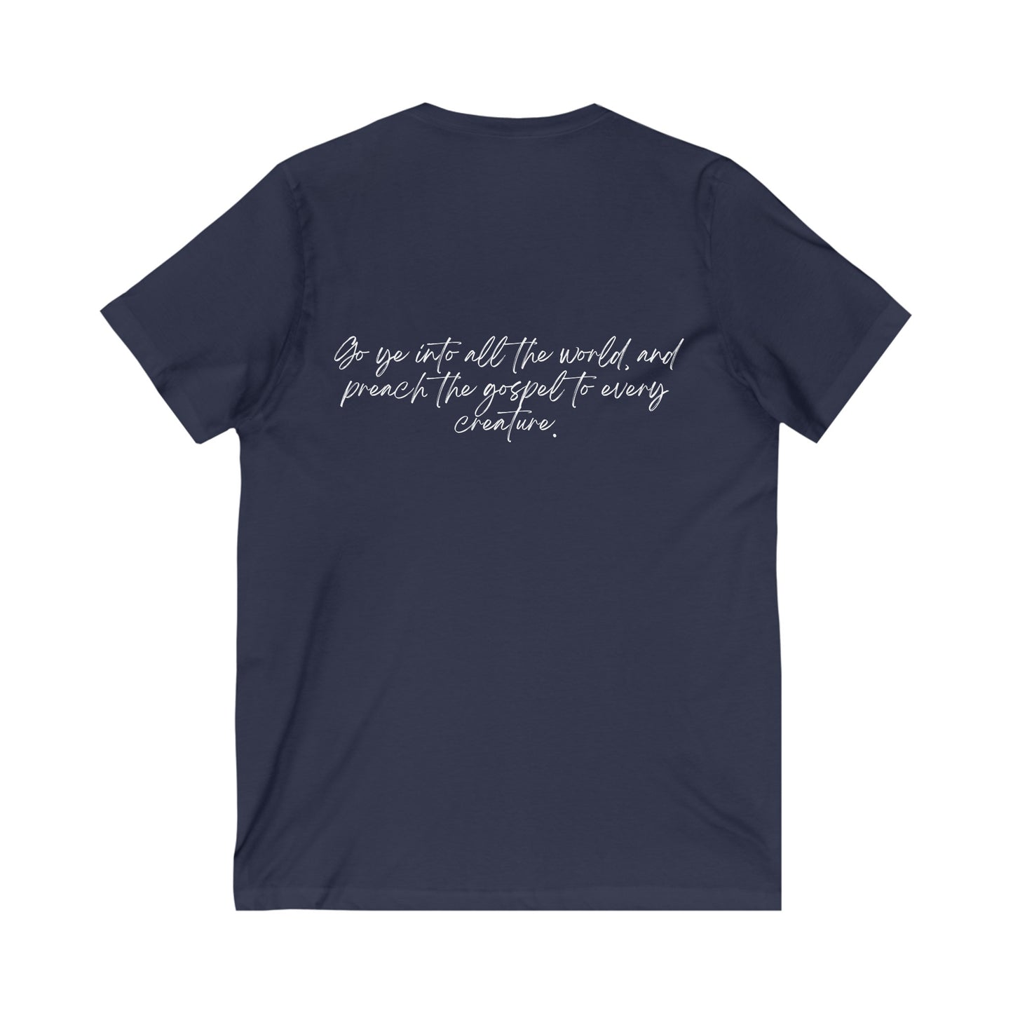 Mark 16:15 w/ Full Scripture on Back Unisex Jersey Short Sleeve V-Neck Tee