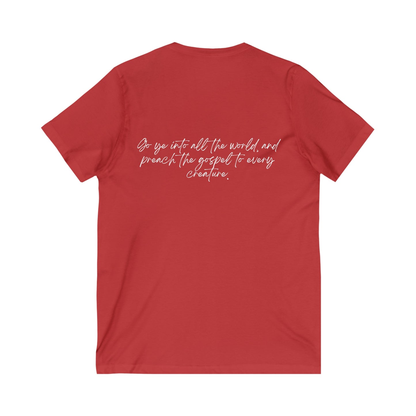 Mark 16:15 w/ Full Scripture on Back Unisex Jersey Short Sleeve V-Neck Tee