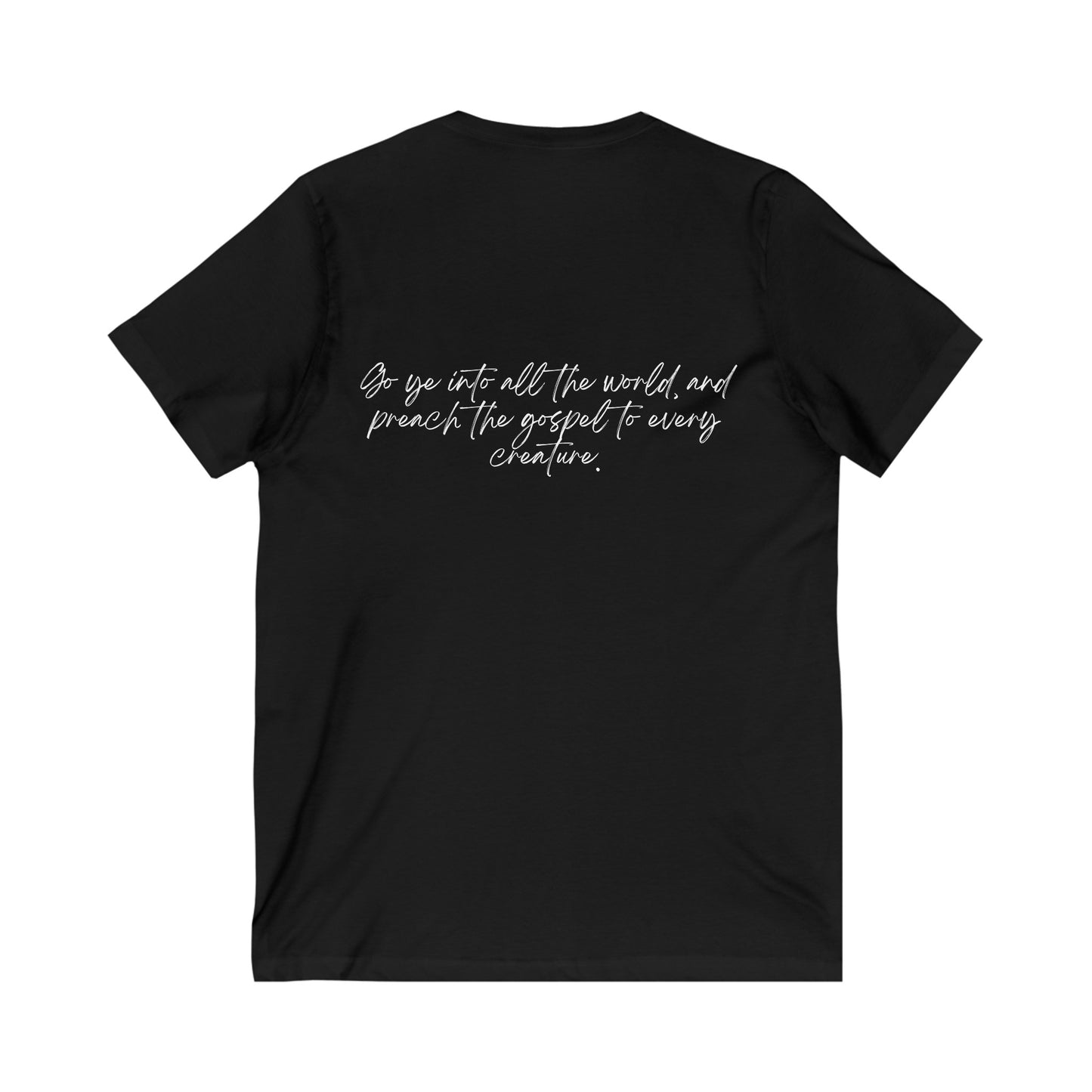 Mark 16:15 w/ Full Scripture on Back Unisex Jersey Short Sleeve V-Neck Tee