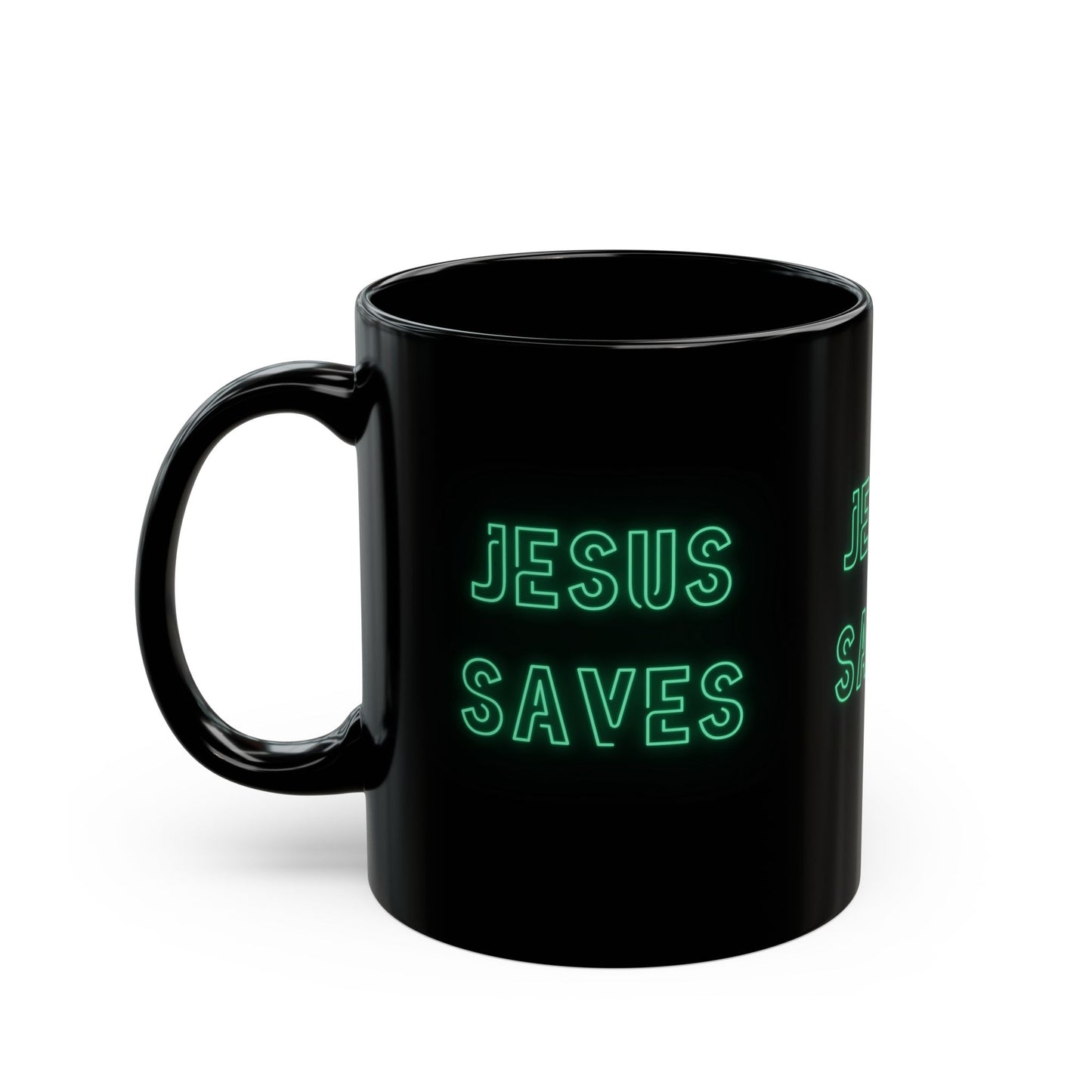 Jesus Saves Neon Signage Green Black Mug (11oz, 15oz)