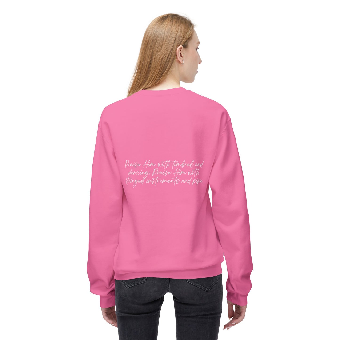 In Jesus Name I Play w/ Psalm 150:4 On Back Unisex Midweight Softstyle Fleece Crewneck Sweatshirt