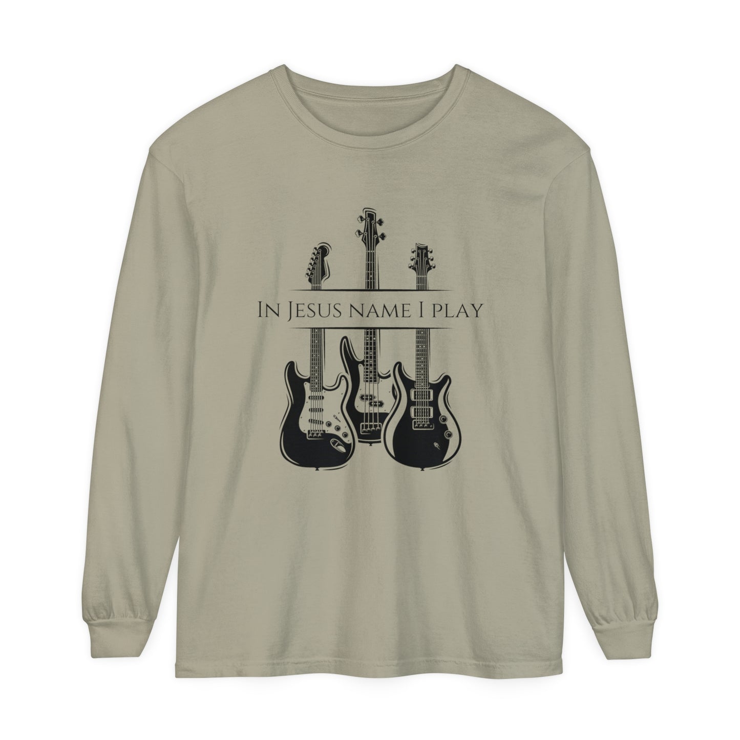 In Jesus Name I Play w/ Psalm 150:4 On Back Unisex Garment-dyed Long Sleeve T-Shirt