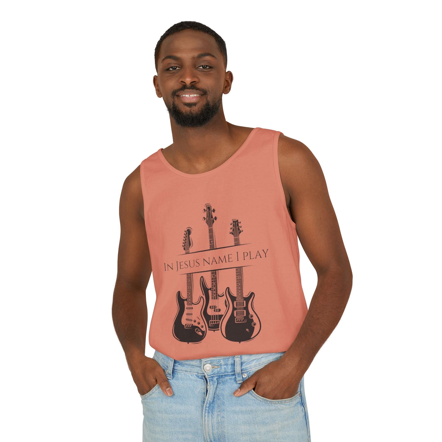 In Jesus Name I Play w/ Psalm 150:4 On Back Unisex Garment-Dyed Tank Top