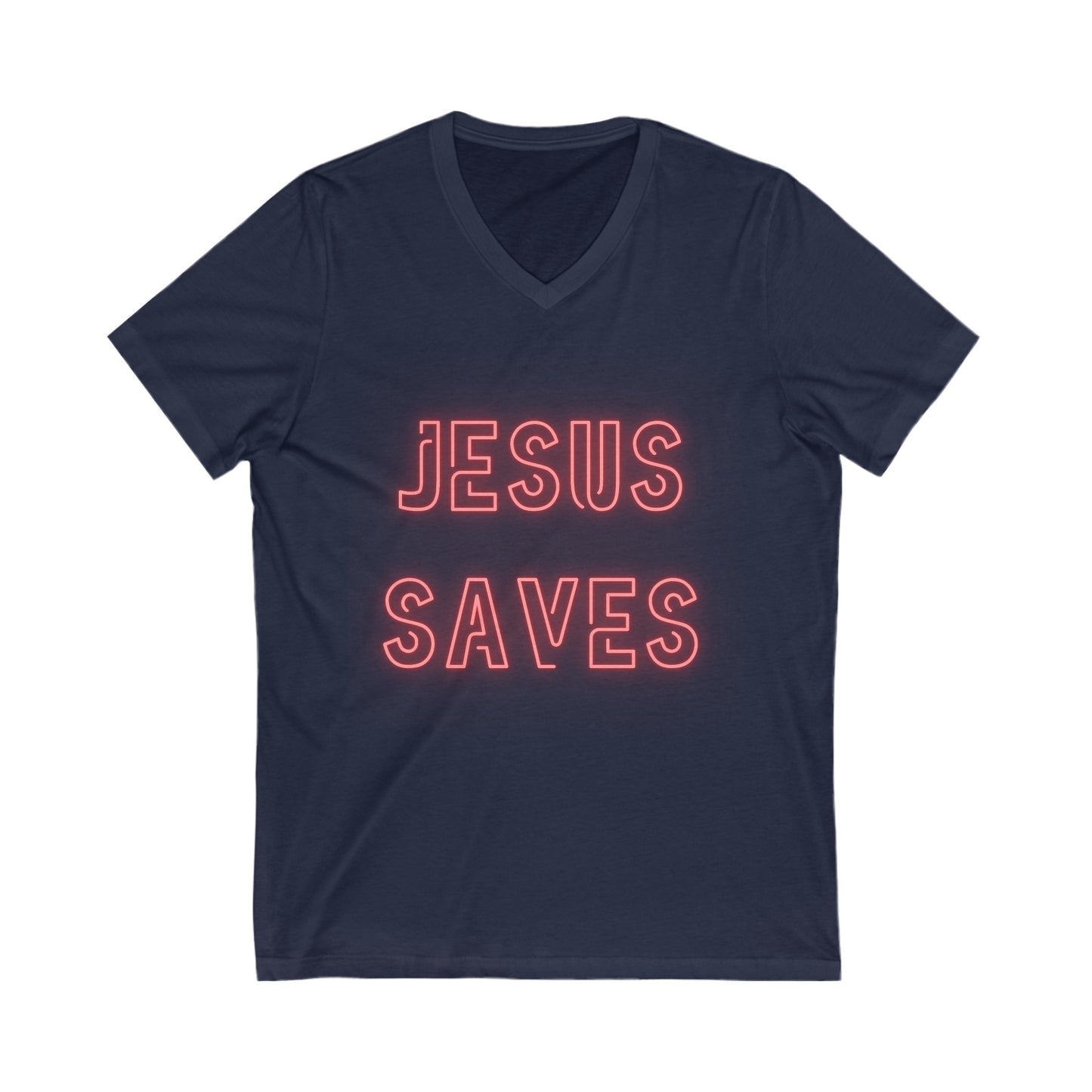 Jesus Saves Neon Signage V Neck Unisex Jersey Short Sleeve V-Neck Tee