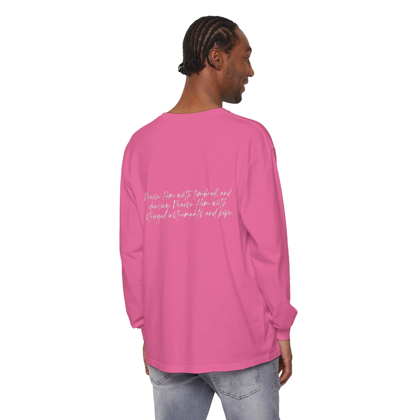 In Jesus Name I Play w/ Psalm 150:4 On Back Unisex Garment-dyed Long Sleeve T-Shirt