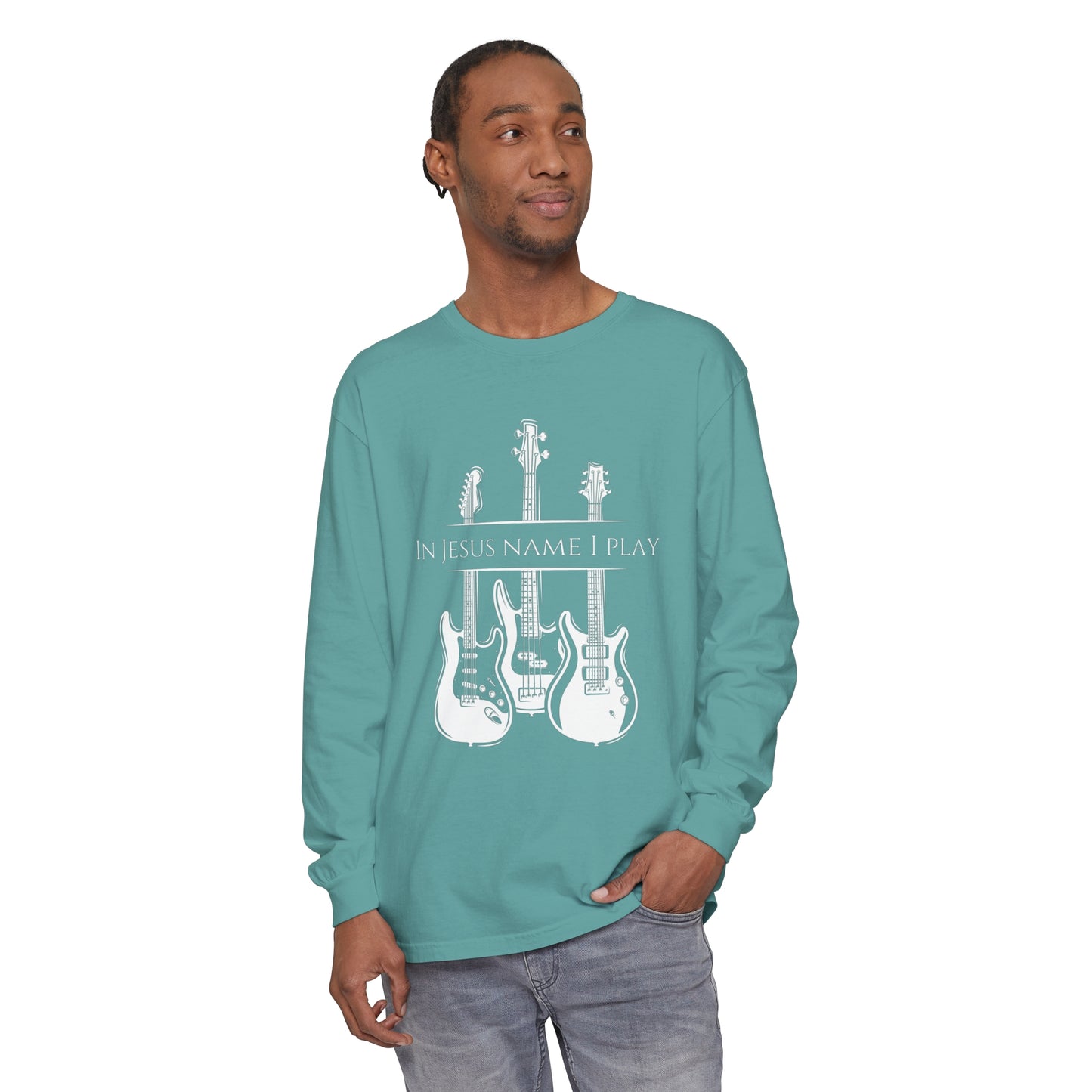 In Jesus Name I Play w/ Psalm 150:4 On Back Unisex Garment-dyed Long Sleeve T-Shirt