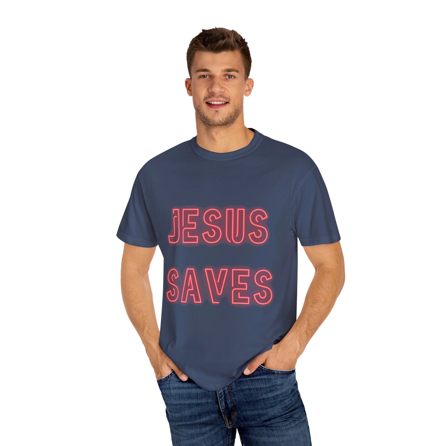 Jesus Saves Neon Signage (2) Unisex Garment-Dyed T-shirt