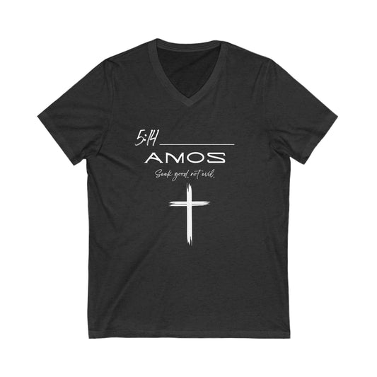 Amos 5:14 w/ Full Scripture on Back Unisex Jersey Short Sleeve V-Neck Tee