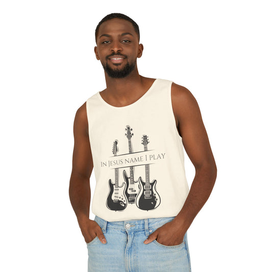 In Jesus Name I Play w/ Psalm 150:4 On Back Unisex Garment-Dyed Tank Top