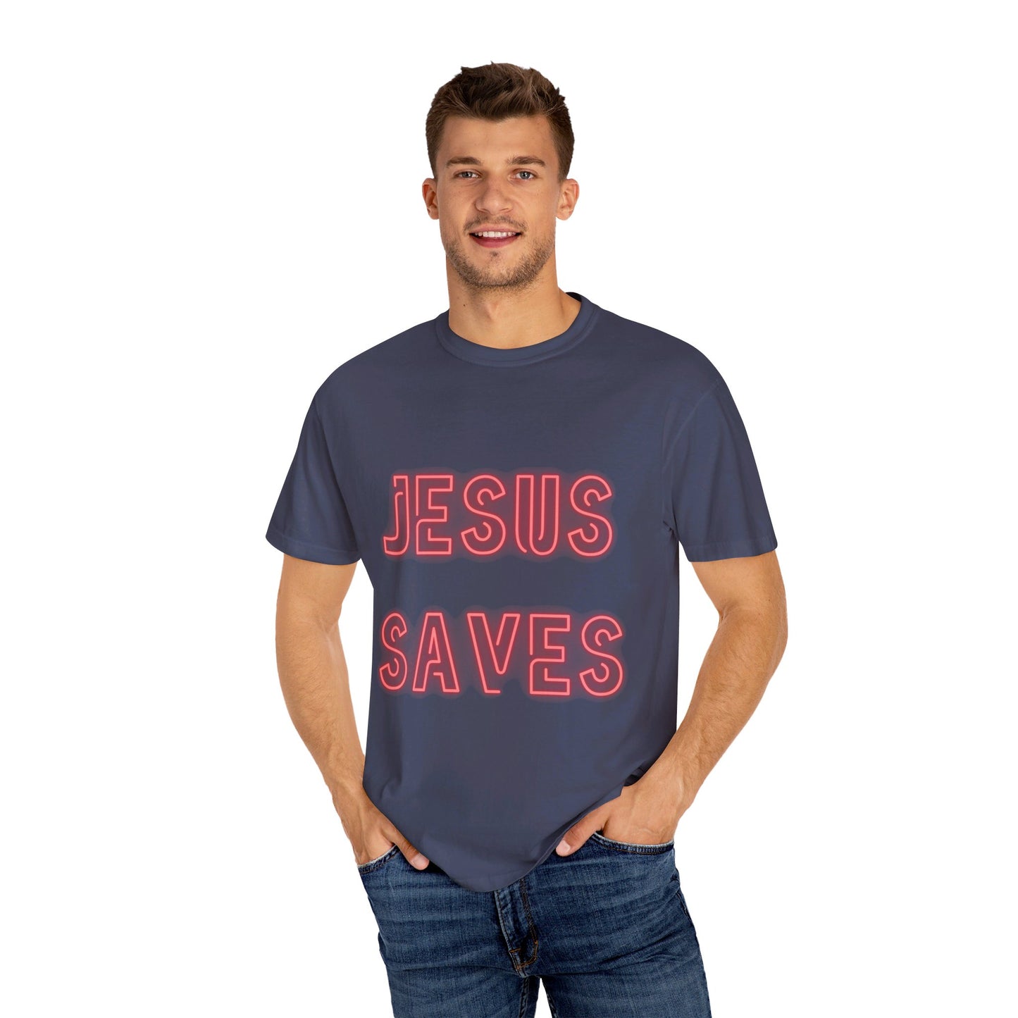 Jesus Saves Neon Signage Unisex Garment-Dyed T-shirt