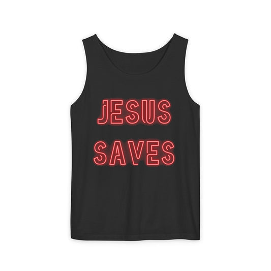 Jesus Saves Neon Signage Tank Top Unisex Garment-Dyed Tank Top