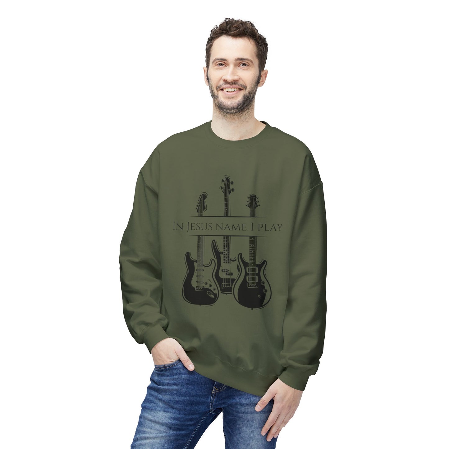 In Jesus Name I Play w/ Psalm 150:4 On Back Unisex Midweight Softstyle Fleece Crewneck Sweatshirt