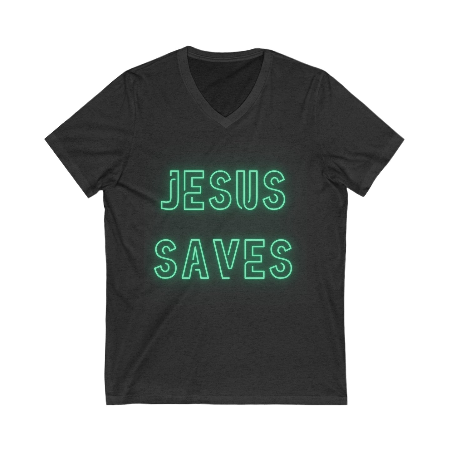 Jesus Saves Neon Signage Green Unisex Jersey Short Sleeve V-Neck Tee