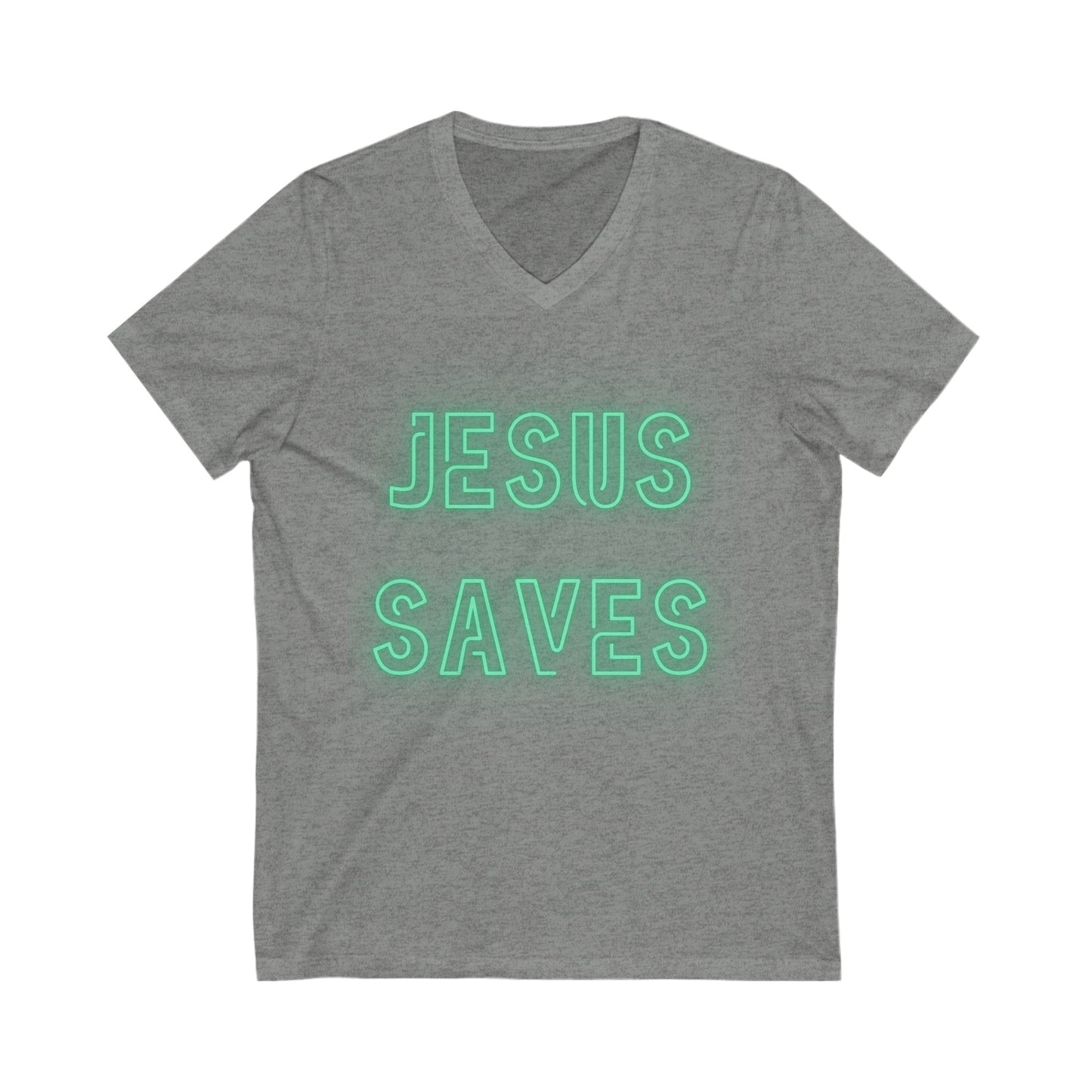 Jesus Saves Neon Signage Green Unisex Jersey Short Sleeve V-Neck Tee