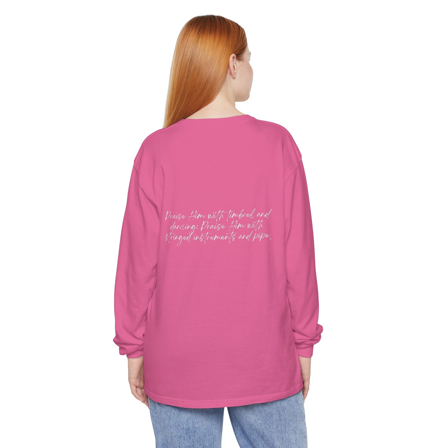 In Jesus Name I Play w/ Psalm 150:4 On Back Unisex Garment-dyed Long Sleeve T-Shirt