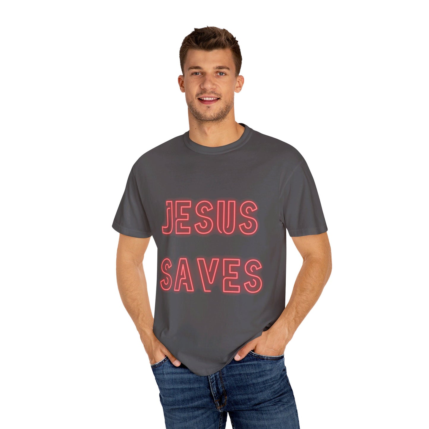 Jesus Saves Neon Signage (2) Unisex Garment-Dyed T-shirt