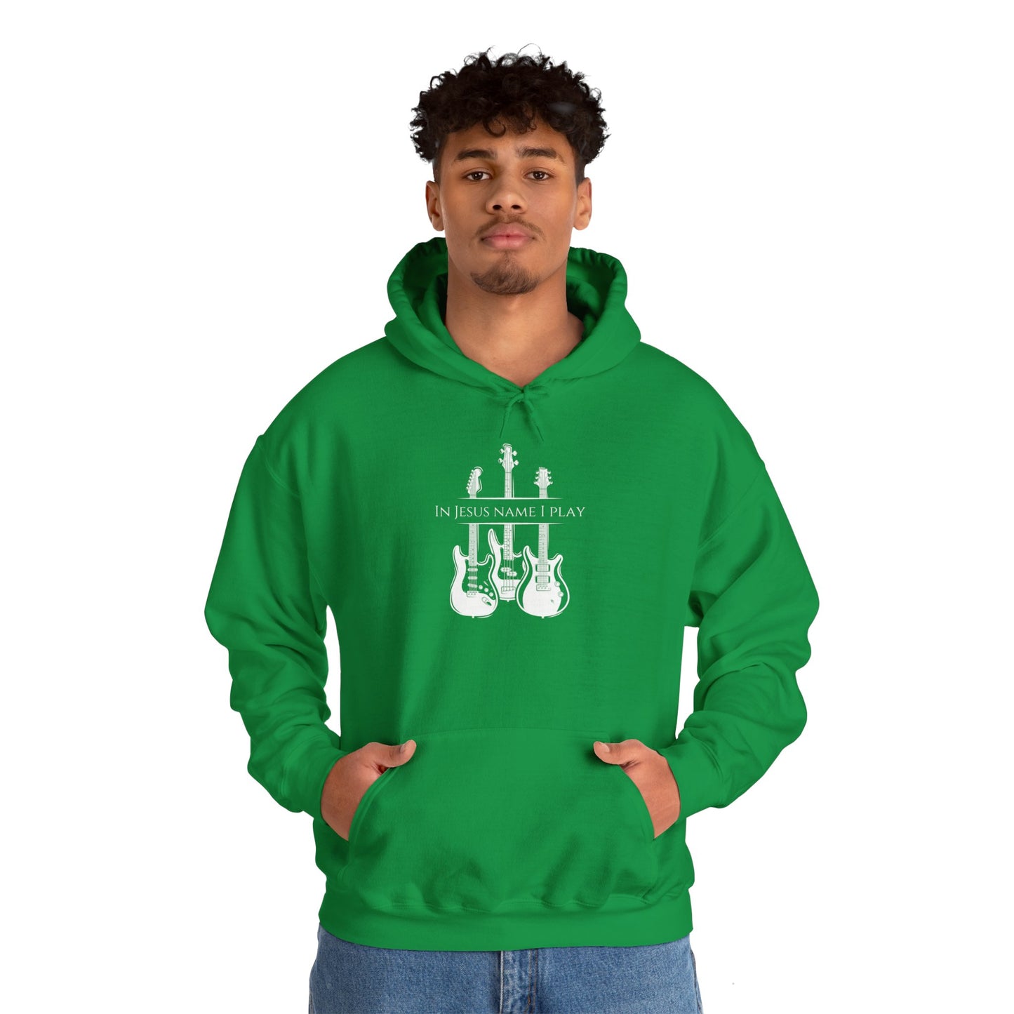 In Jesus Name I Play w/ Psalm 150:4 On Back Unisex Heavy Blend™ Hooded Sweatshirt