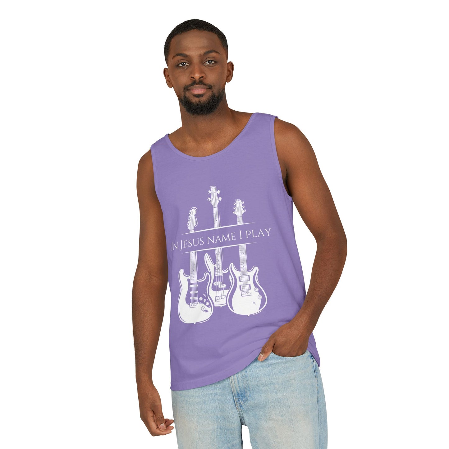 In Jesus Name I Play w/ Psalm 150:4 On Back Unisex Garment-Dyed Tank Top