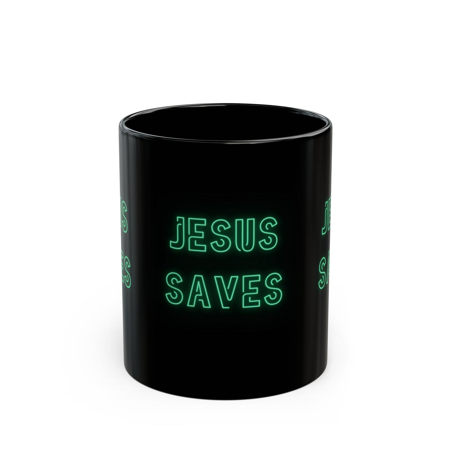 Jesus Saves Neon Signage Green Black Mug (11oz, 15oz)