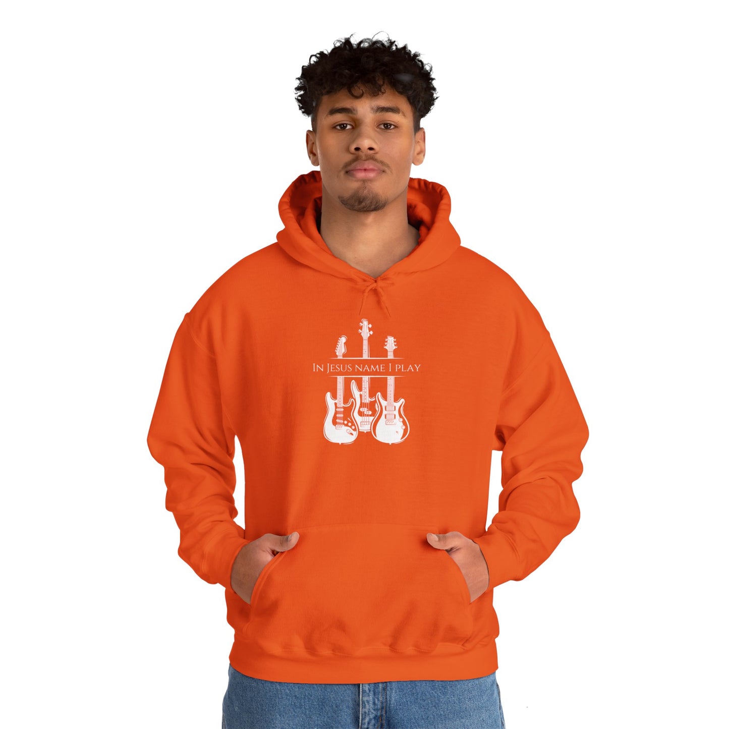 In Jesus Name I Play w/ Psalm 150:4 On Back Unisex Heavy Blend™ Hooded Sweatshirt