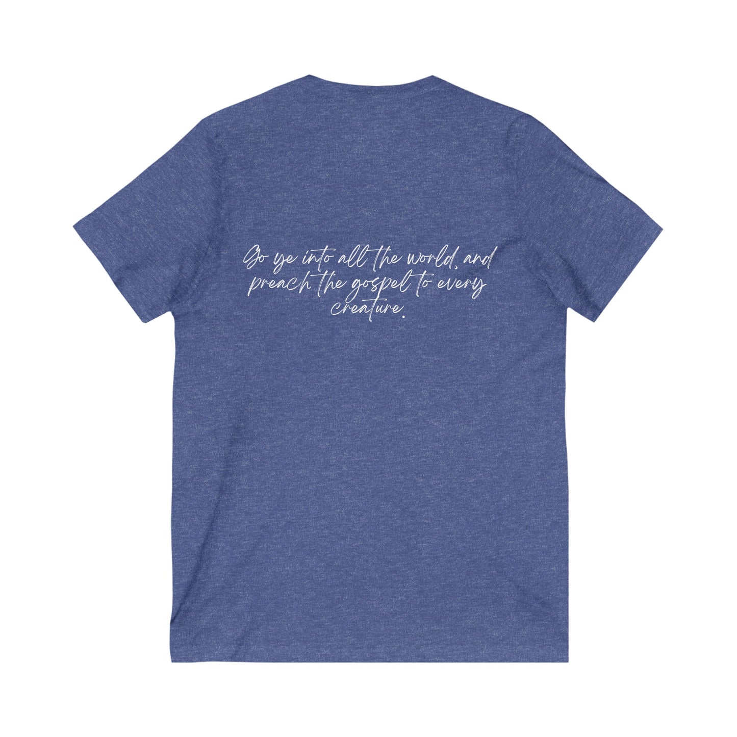 Mark 16:15 w/ Full Scripture on Back Unisex Jersey Short Sleeve V-Neck Tee