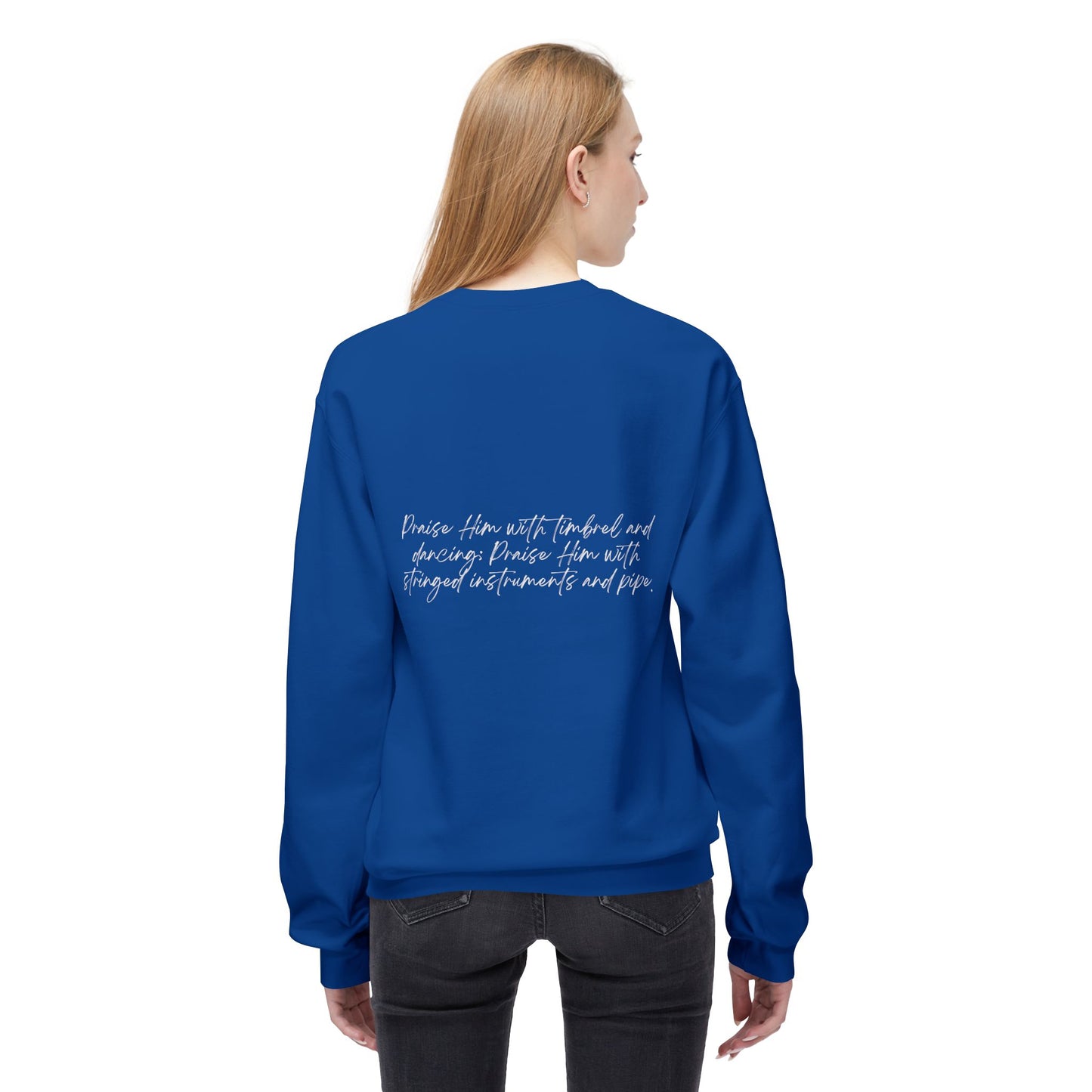 In Jesus Name I Play w/ Psalm 150:4 On Back Unisex Midweight Softstyle Fleece Crewneck Sweatshirt