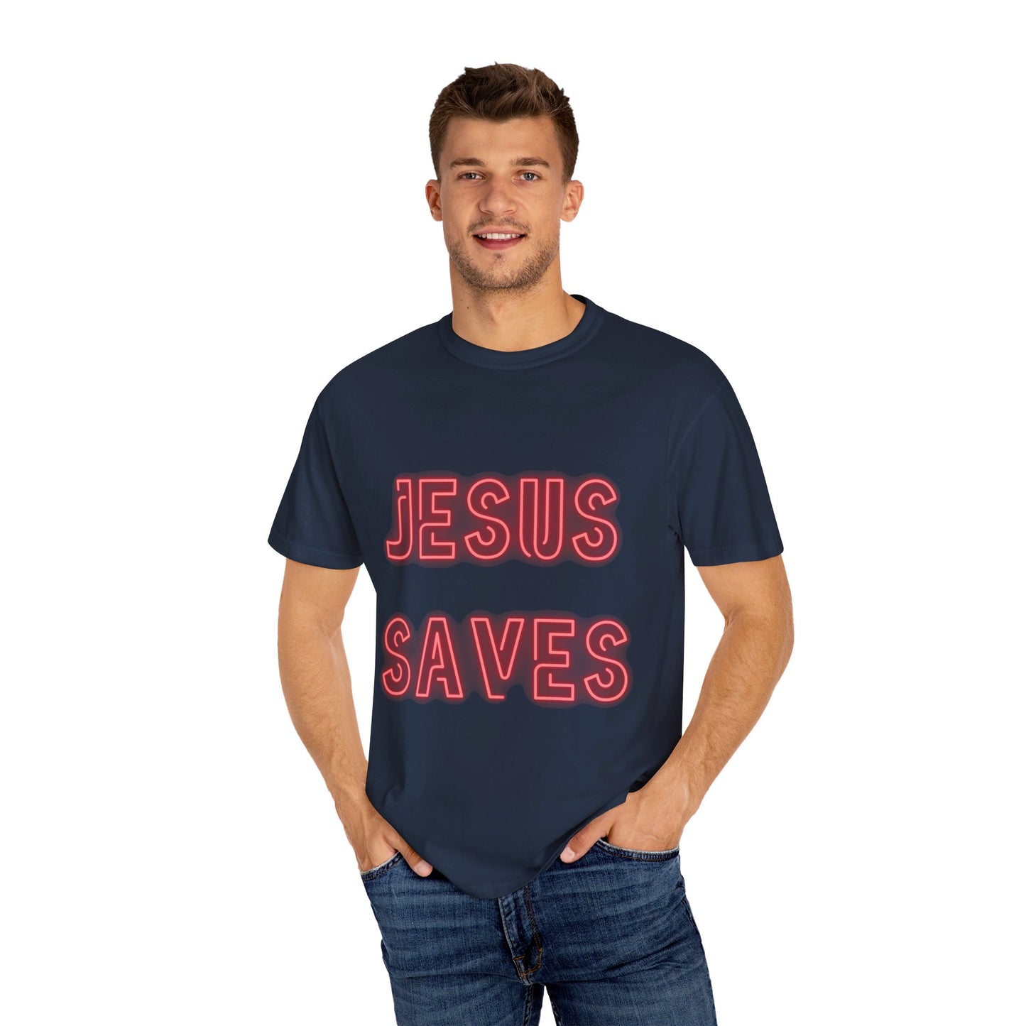 Jesus Saves Neon Signage Unisex Garment-Dyed T-shirt