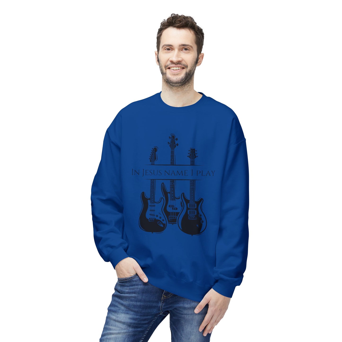 In Jesus Name I Play w/ Psalm 150:4 On Back Unisex Midweight Softstyle Fleece Crewneck Sweatshirt