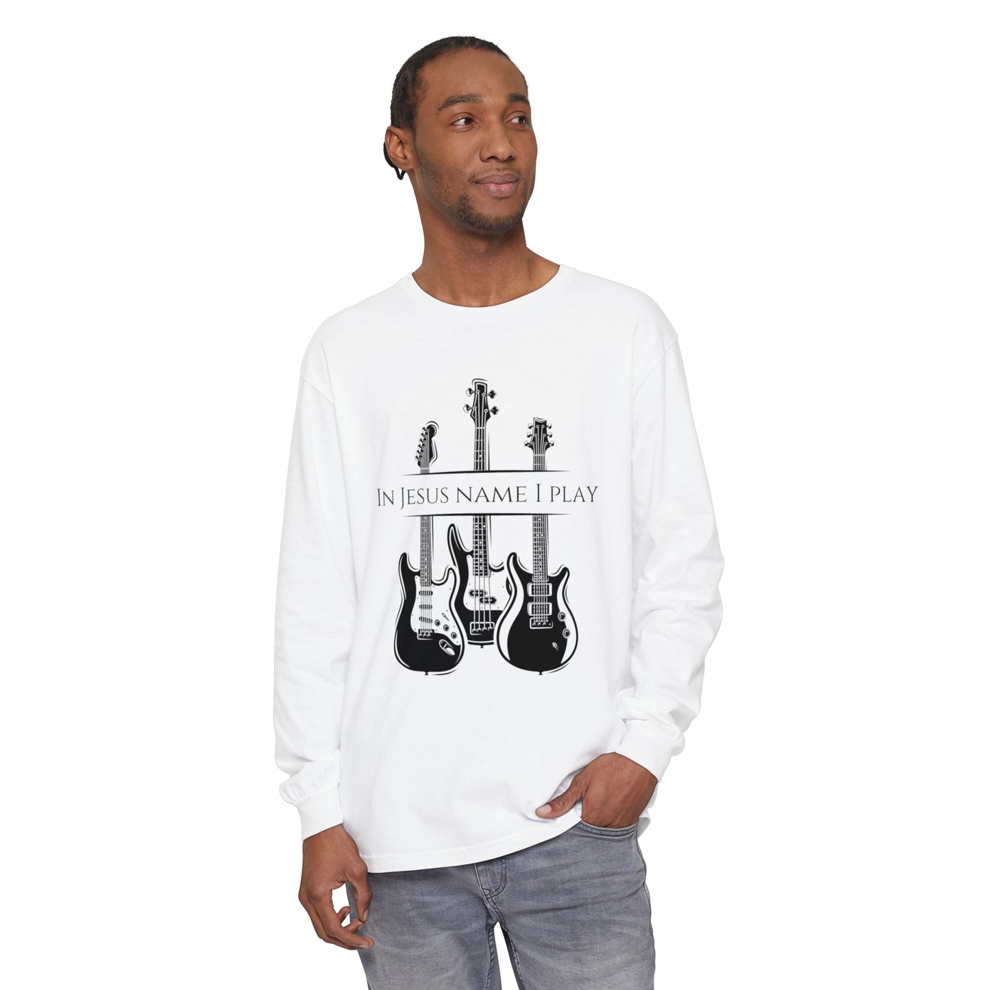 In Jesus Name I Play w/ Psalm 150:4 On Back Unisex Garment-dyed Long Sleeve T-Shirt