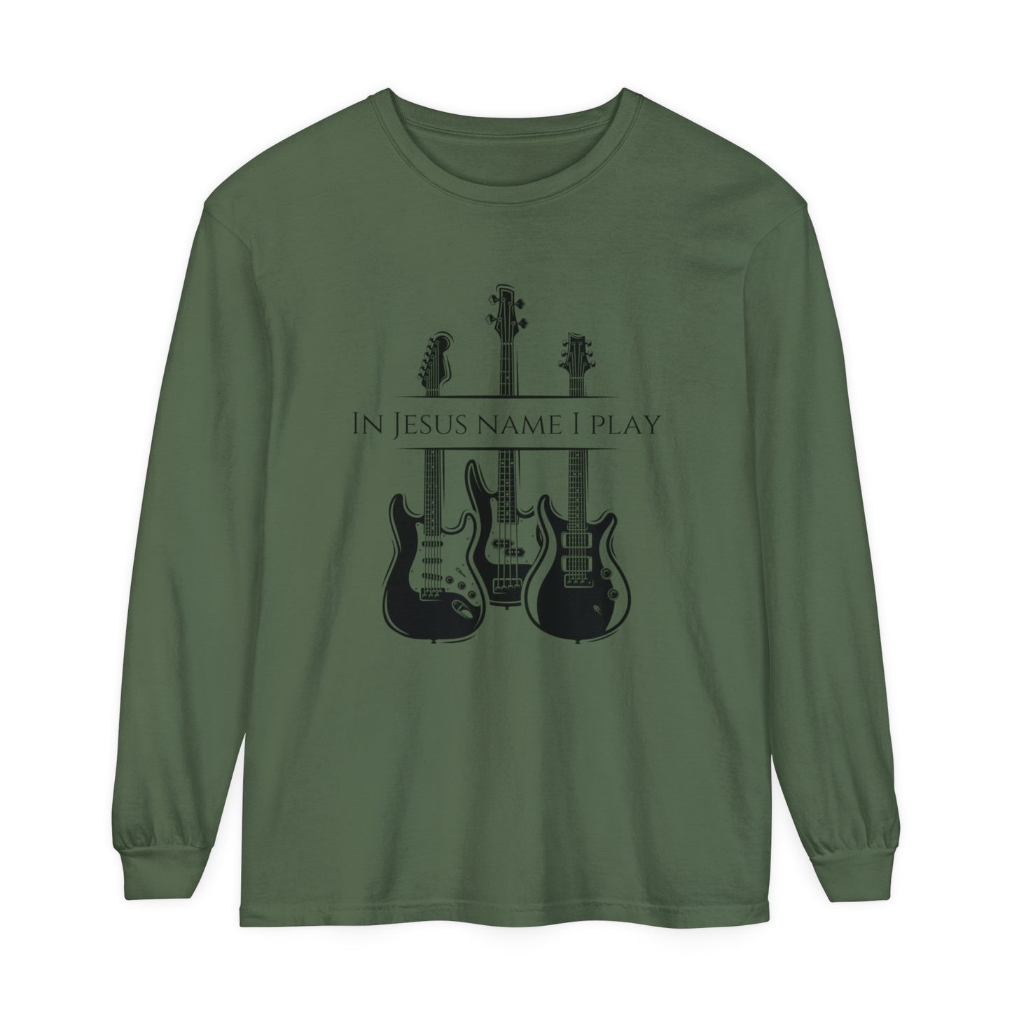 In Jesus Name I Play w/ Psalm 150:4 On Back Unisex Garment-dyed Long Sleeve T-Shirt