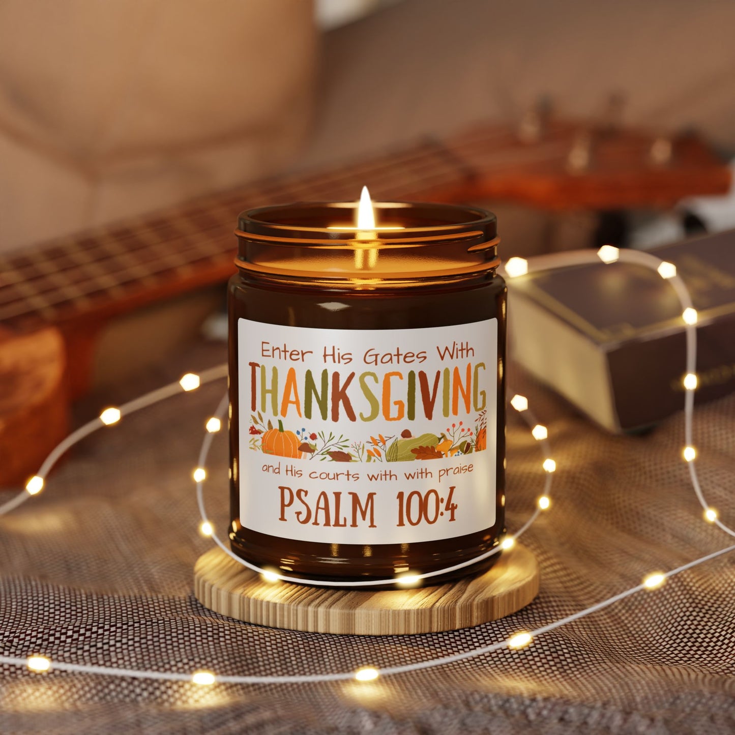 Thanksgiving Psalm 100:4 Scented Soy Candle (Multi-Size, Amber Jar)