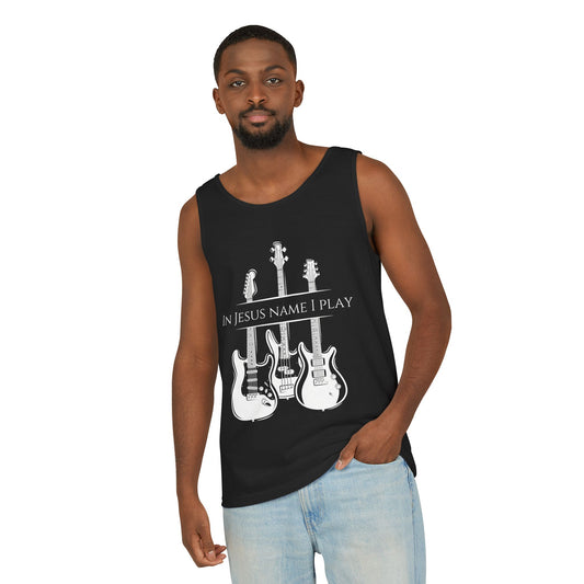 In Jesus Name I Play w/ Psalm 150:4 On Back Unisex Garment-Dyed Tank Top