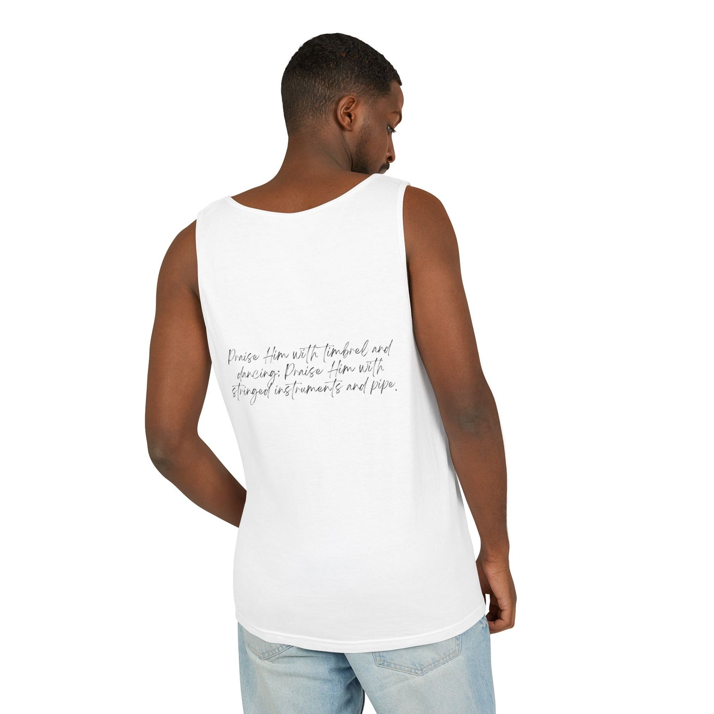 In Jesus Name I Play w/ Psalm 150:4 On Back Unisex Garment-Dyed Tank Top