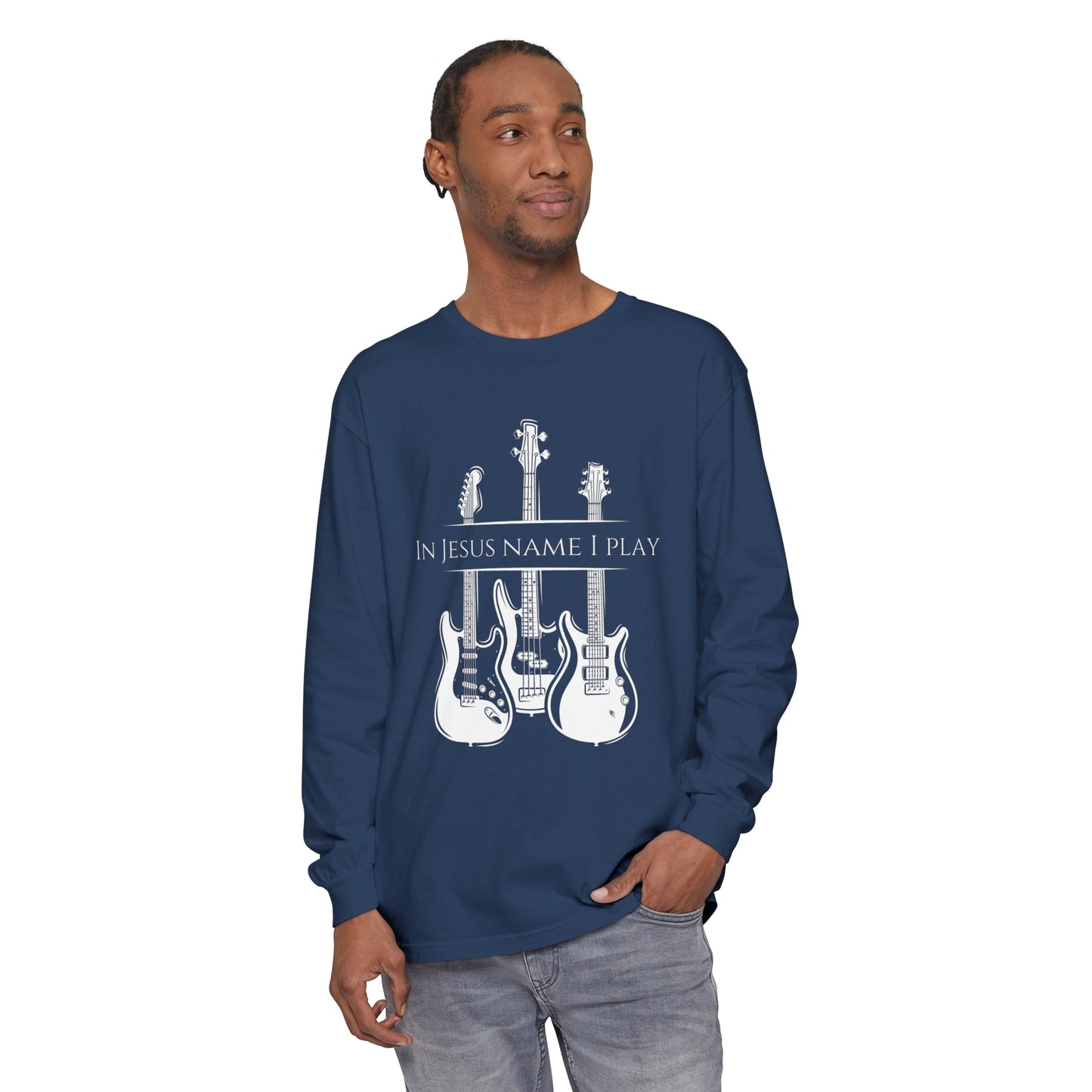 In Jesus Name I Play w/ Psalm 150:4 On Back Unisex Garment-dyed Long Sleeve T-Shirt