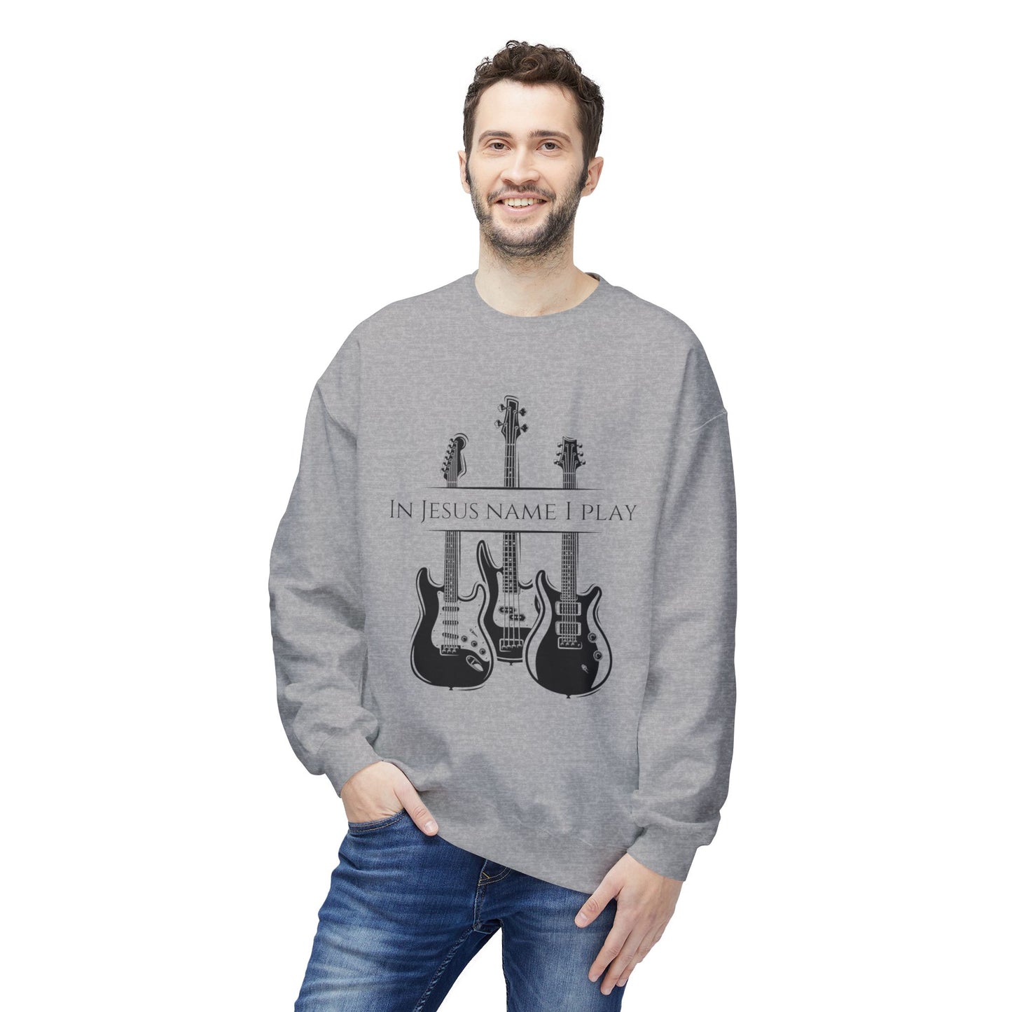 In Jesus Name I Play w/ Psalm 150:4 On Back Unisex Midweight Softstyle Fleece Crewneck Sweatshirt