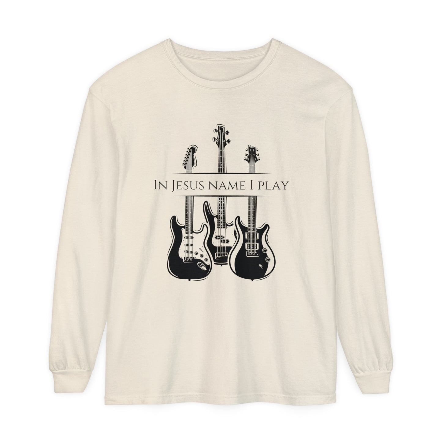 In Jesus Name I Play w/ Psalm 150:4 On Back Unisex Garment-dyed Long Sleeve T-Shirt