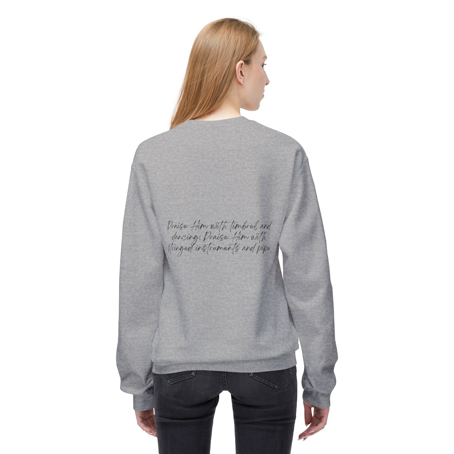 In Jesus Name I Play w/ Psalm 150:4 On Back Unisex Midweight Softstyle Fleece Crewneck Sweatshirt