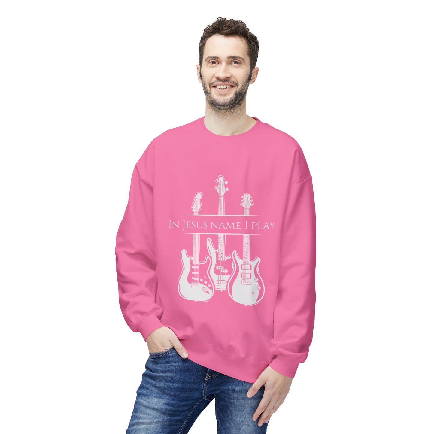 In Jesus Name I Play w/ Psalm 150:4 On Back Unisex Midweight Softstyle Fleece Crewneck Sweatshirt