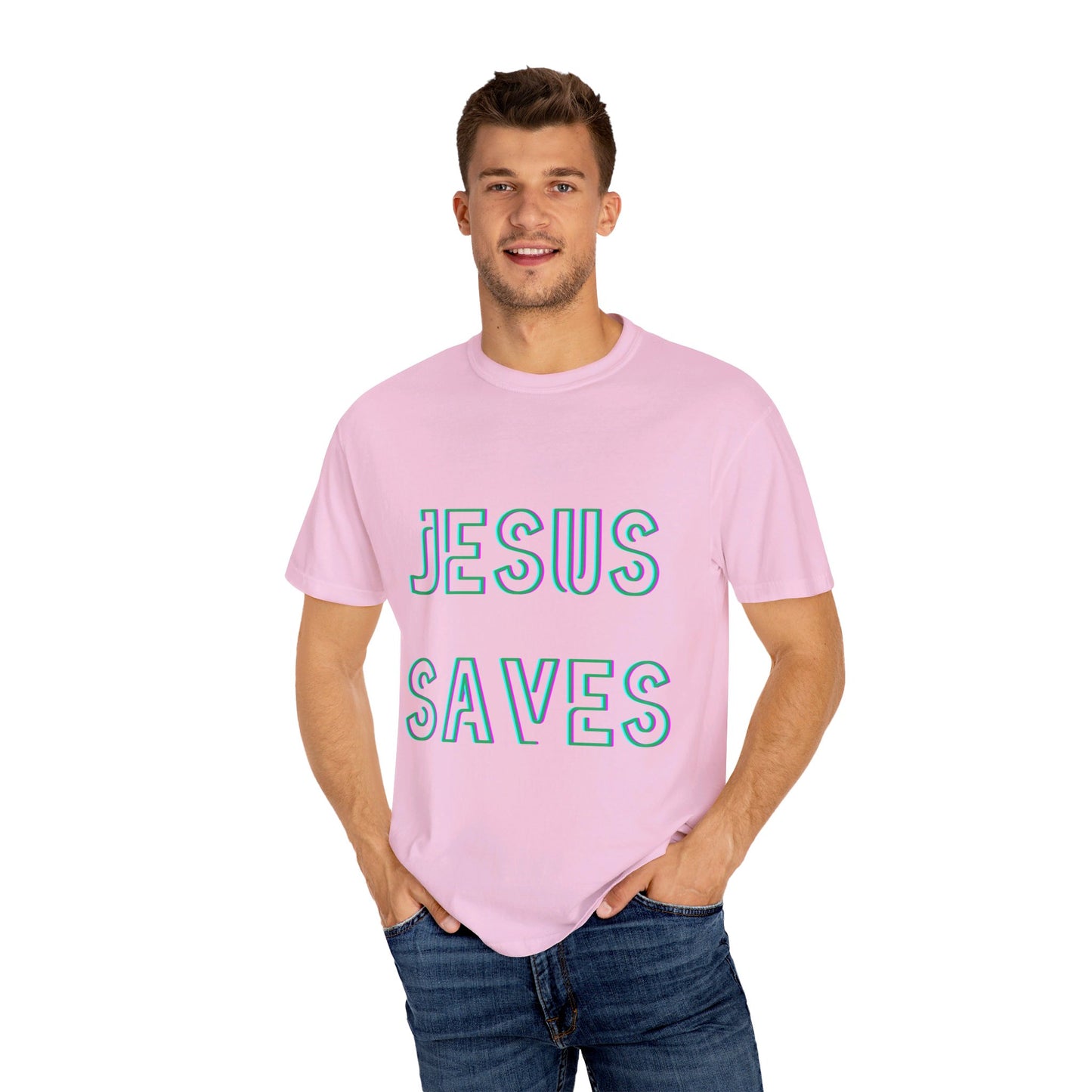 Jesus Saves Neon Signage Unisex Garment-Dyed T-shirt