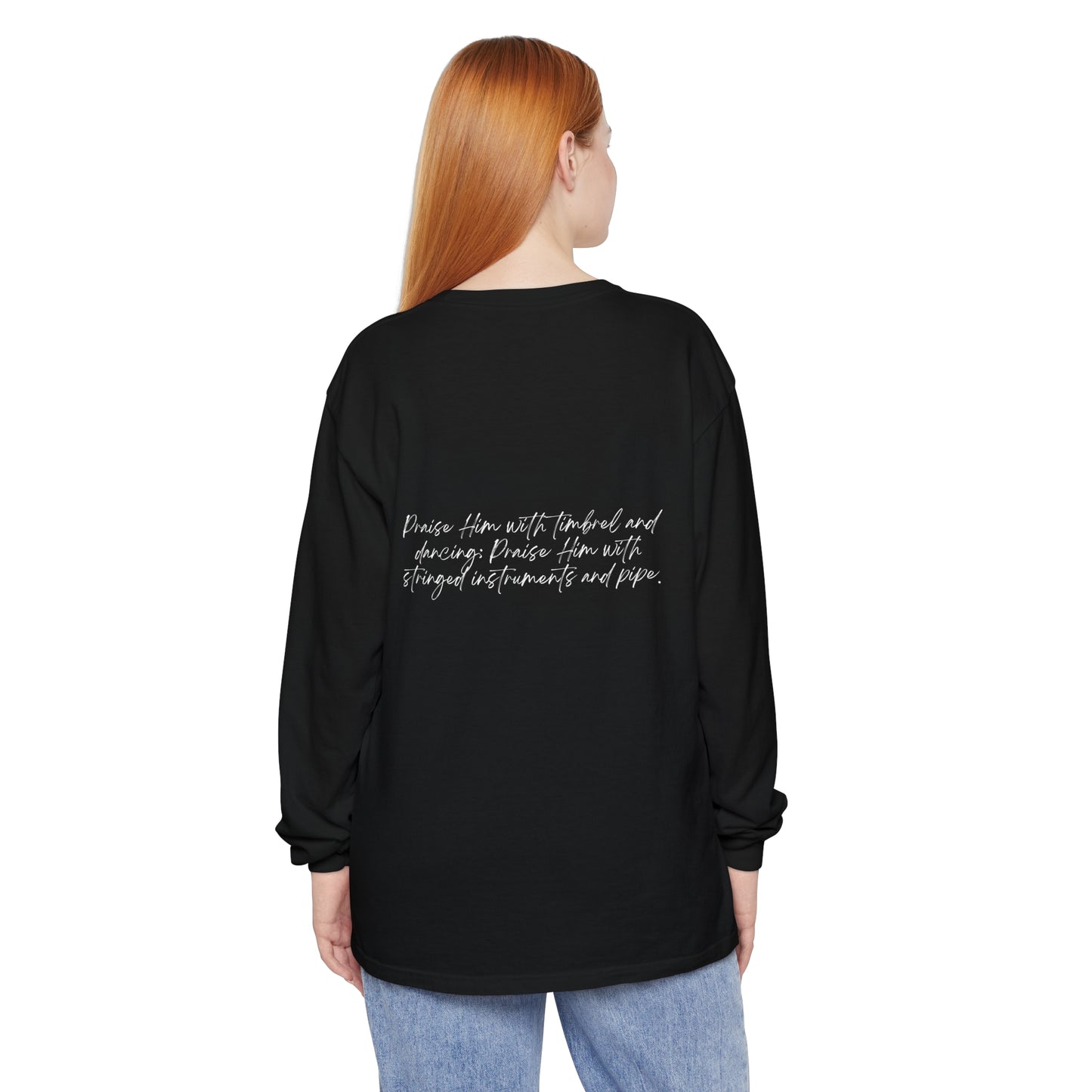 In Jesus Name I Play w/ Psalm 150:4 On Back Unisex Garment-dyed Long Sleeve T-Shirt