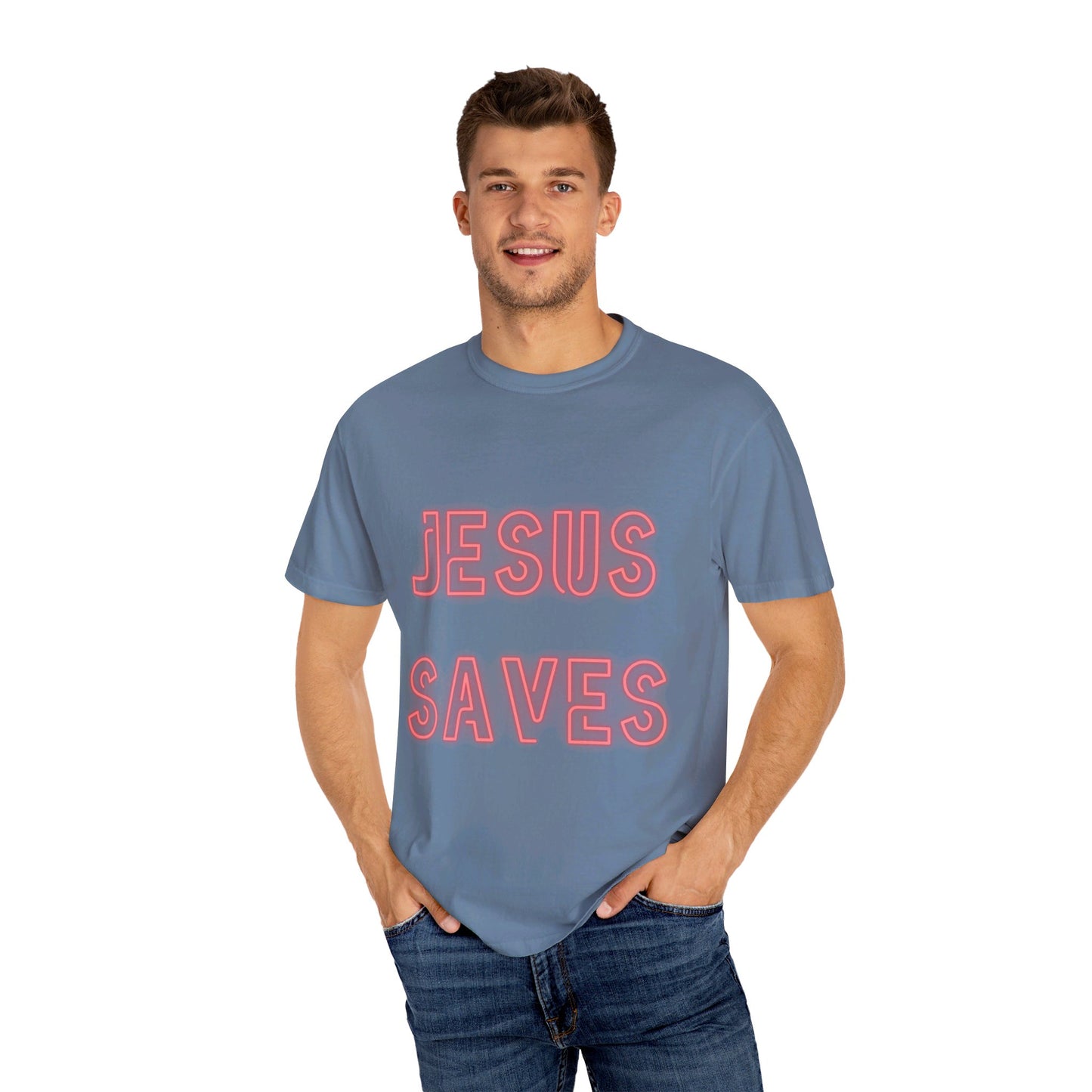 Jesus Saves Neon Signage (2) Unisex Garment-Dyed T-shirt