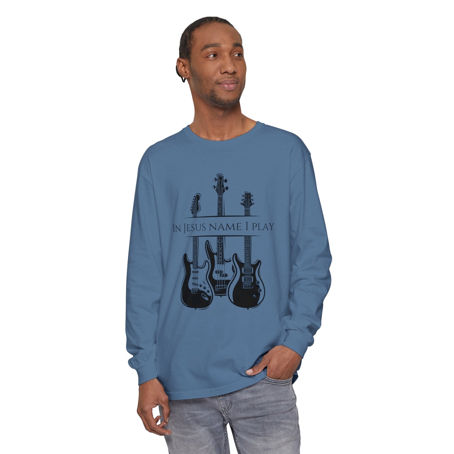 In Jesus Name I Play w/ Psalm 150:4 On Back Unisex Garment-dyed Long Sleeve T-Shirt